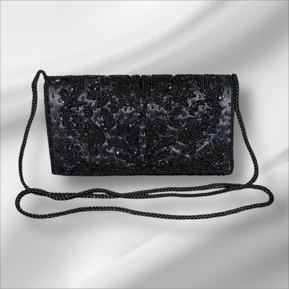 Valerie Stevens Handbags - Vintage Valerie Stevens EUC Black Bead Satin Evening Bag Clutch